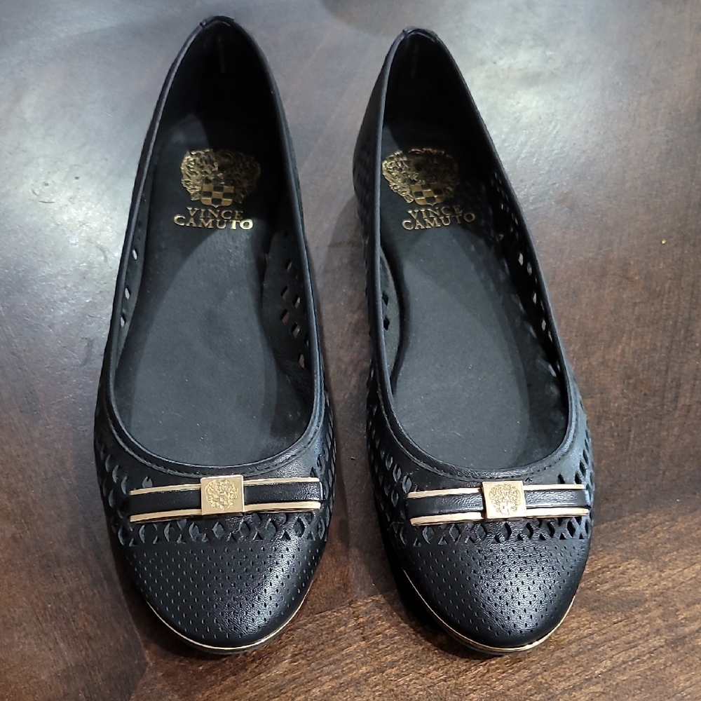 Vince Camuto Black Perforated Flats with Gold Accent